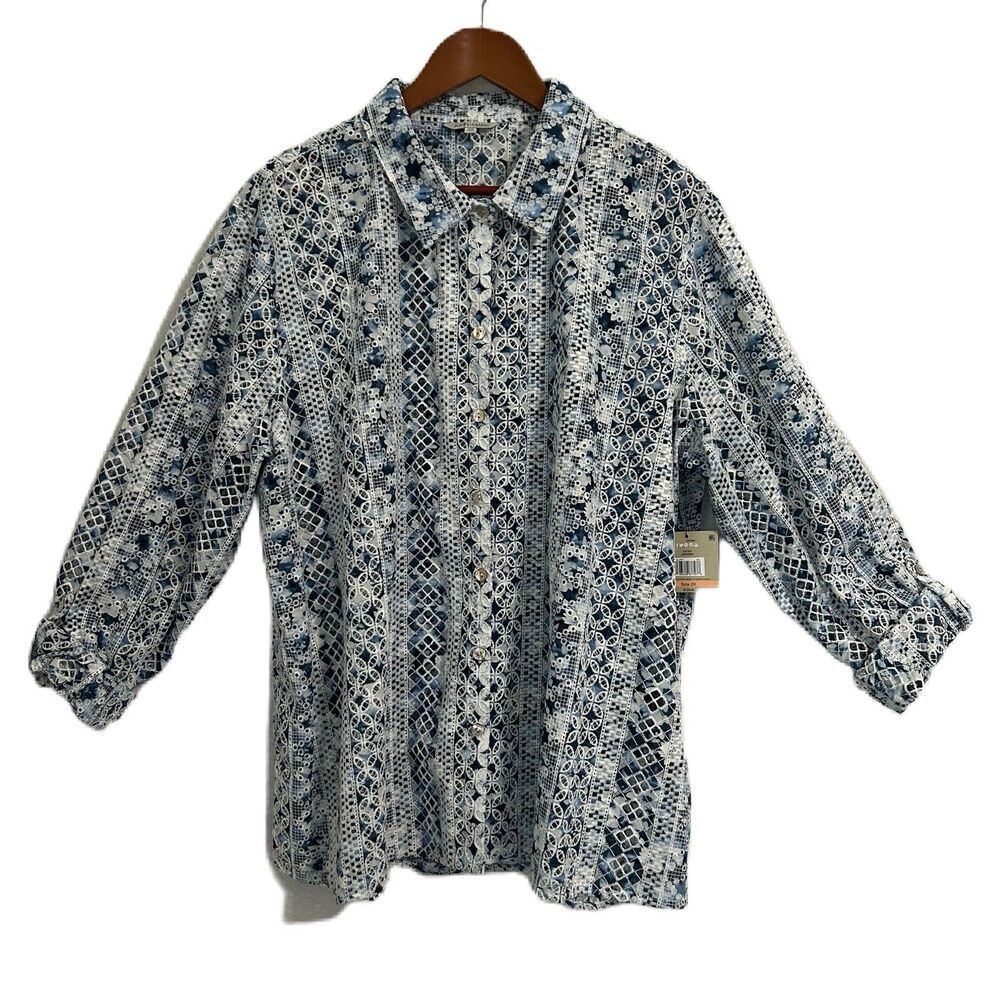 John Mark Shirt Women 2X Blue White Eyelet Roll Tab Slit Cotton Cottage Beachy